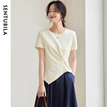 SENTUBILA Solid Color Women T-shirt 2026 Irregular New O Neck 100% Cotton Short Sleeve Casual Fashion Female Tops 152T80136 1