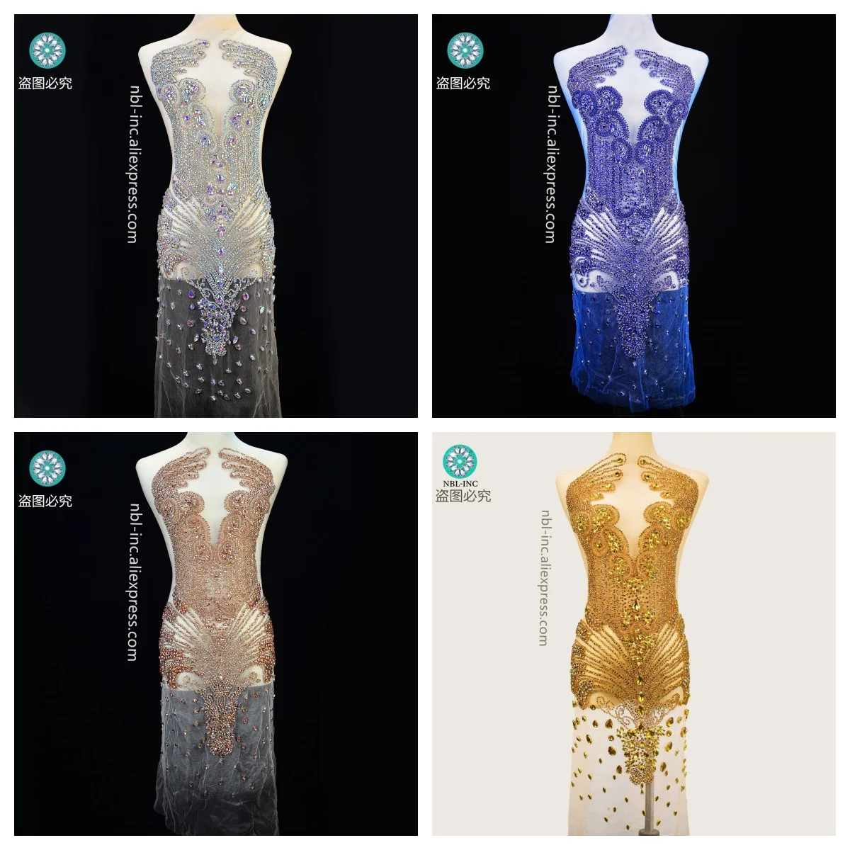 럭셔리 대형 핸드메이드 실버 골드 크리스탈 유리 라인석 바디 아플리케 패치, 전신 무도회 원피스, WDD1359