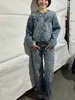 2025 New Women's Fashion Jeans Set Pearls Floral Straight Long Pants or O-Neck Short Type Denim Jacket 2