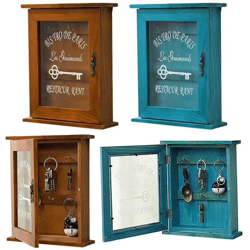 Caja de almacenamiento de llaves de madera para colgar en el Vintage de pared, estante de llave de armario azul y marrón con gancho, decoración de pared familiar