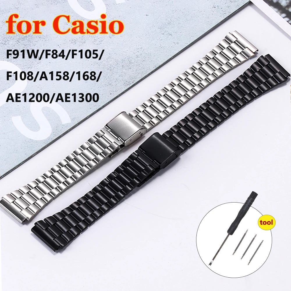 카시오 F-91W F105 F108 A158W A168 AE1200 AE1300 교체용 시계줄 금속 밴드 18mm 스테인레스 스틸 스트랩용 시계 밴드