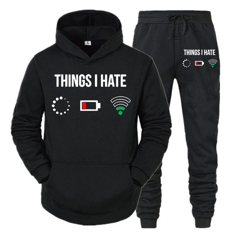 thumbnail image 1 of Conjunto de ropa deportiva hippie para hombre, sudadera con capucha y pantalón con estampado de "Cosas que odio", "Batería baja", "Sin red", 2 piezas, chándales divertidos de moda para hombre, 1 of 4