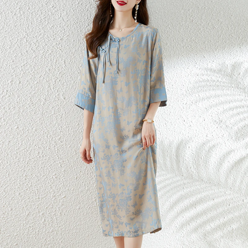 

2023 New Fashion Silk Printed Dress Women's Summer Versatile Mulberry Silk 3/4 Sleeve Loose Fit Casual Holiday Dress Vesidos