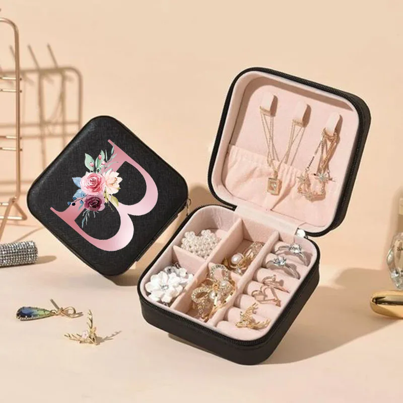 

Travel Jewelry Case Pink Letters Black Jewelry Boxes Birthday/Christmas/New Year/Holiday Girls Gift Women Jewelry Organizer