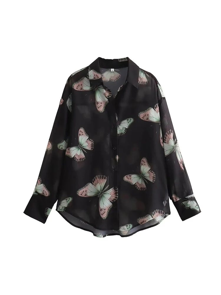 

Женская шифоновая блузка с принтом в виде бабочек, свободная однобортная элегантная длинная рубашка черного цвета, весна 2024