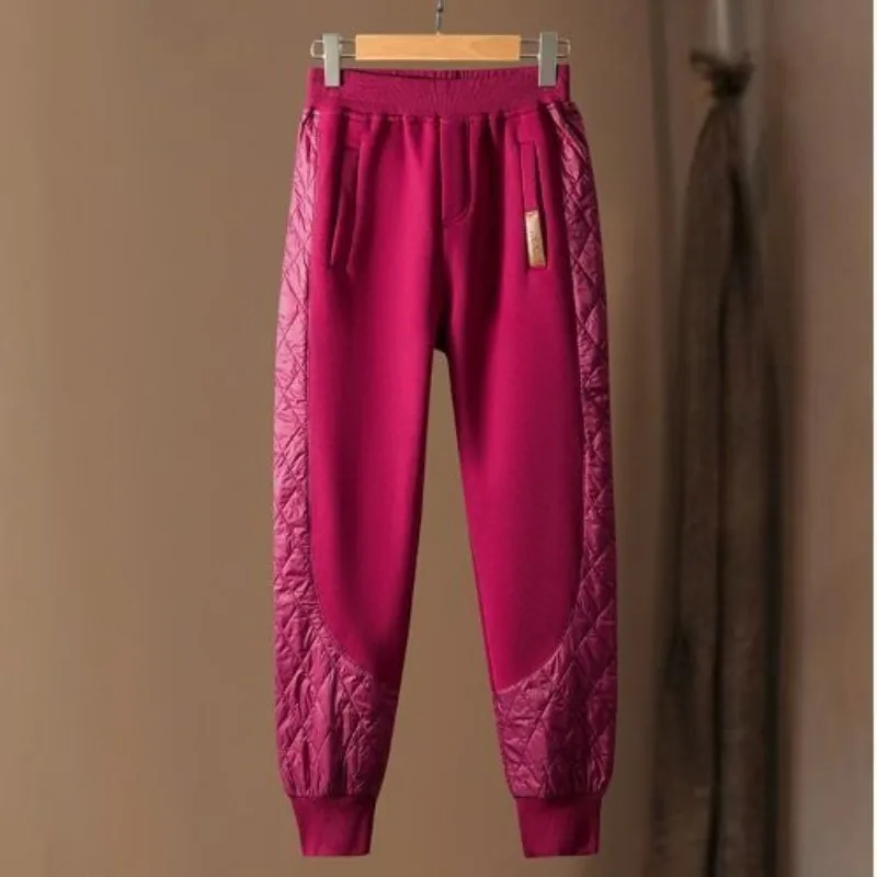 Autumn and Winter Women's Solid Color High Waist Elastic Spliced Thick Belted Harlan Commuter Loose Pockets Casual Cotton Pants