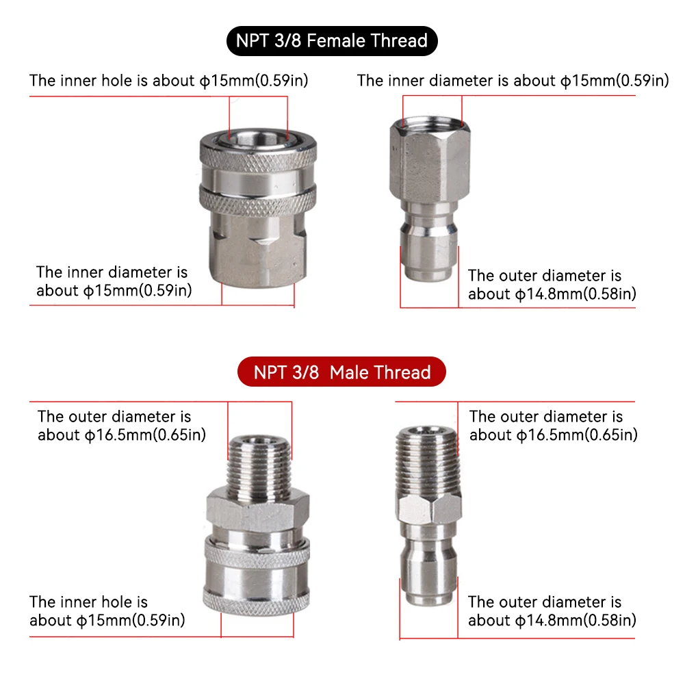 2X Pressure Washer Coupler 1/4 Inch Stainless Steel Quick Connect Fittings Male Female Accessories With Internal External Thread