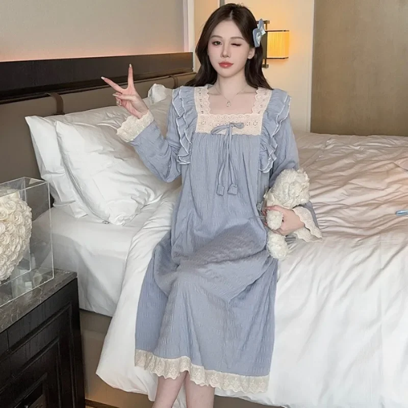 5XL Plus Size Atumn Sleep Dress Women's Cotton Lace Sweet Sleepwear Loose  Long Sleeve Home Clothes Teenage Students Outerwear - AliExpress 200574005