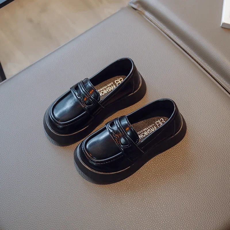 Girls Leather Shoes for Party Wedding Slip-on Simple Solid Black Kids UK Uniform School Shoes Children Loafers 2023 Four Season 3