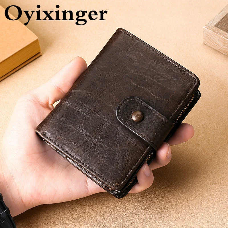 

OYIXINGER Men's Wallet Men Small RFID Blocking Pocket Crazy Horse Genuine Leather Wallet With Flip ID Vintage Coin Purse Male