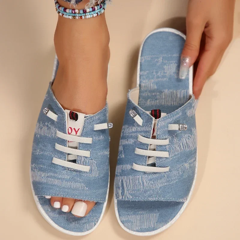 여성용 플랫 캔버스 오픈 토 샌들, 럭셔리 슬리퍼, 야외 패션, 플랫 캐주얼, 미끄럼 방지 샌들, 여성 비치 뮬, 여름 2024 신상 