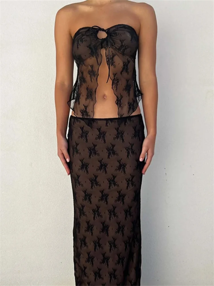 Toss Lace Embroidery Maxi Skirts Summer Casual Low Waist Double-Layer Mesh Slim Y2k Long Skirts For Women 2025 White Skirt Set