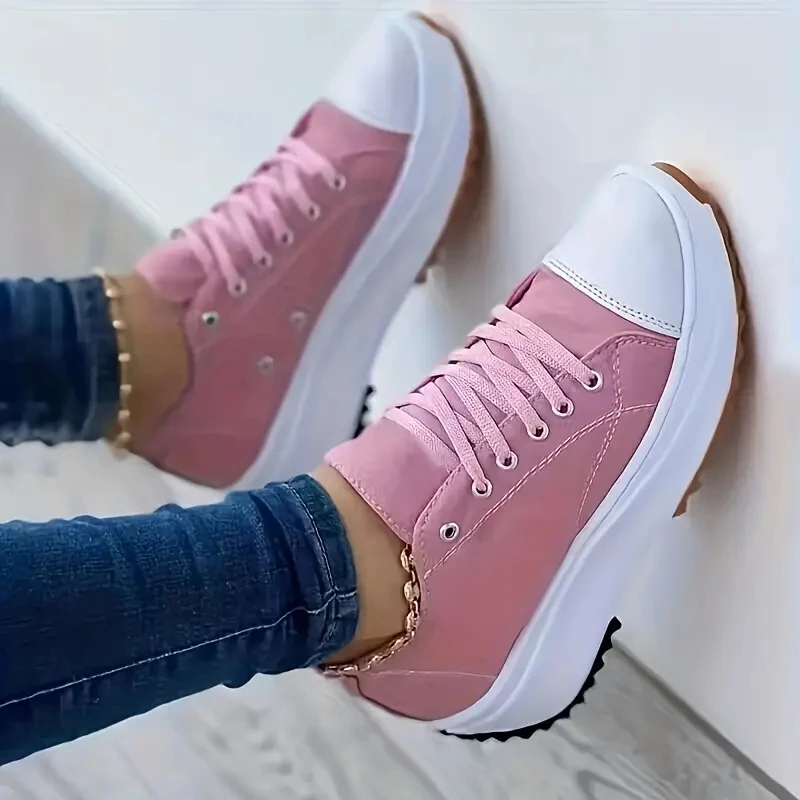 Womens Sneakers Running Shoes Women's Chunky Canvas Shoes Non Slip Lace Up Casual Sneakers Thick Sole Running Sports Shoes