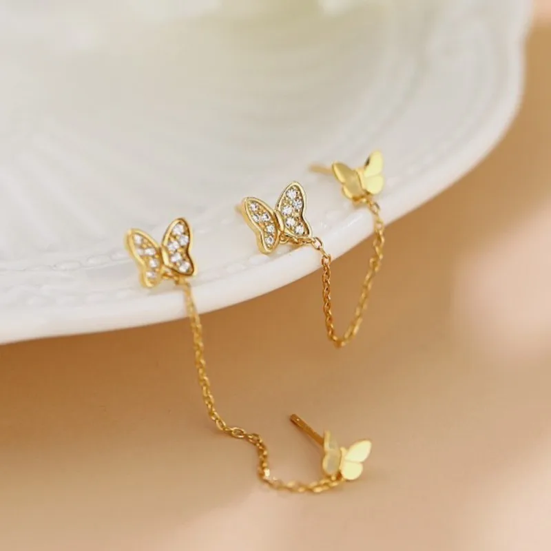 Silver Color Butterfly Zircon Double Ear Hole Stud Earrings for Women Fashion Statement Ear Party Jewelry Gifts