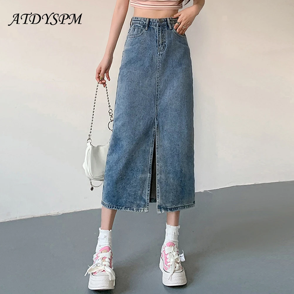 

New Fashion Split High Waist Vintage Women Denim Skirts Simplicity Casual Female A-Line Midi Skirts