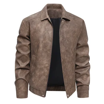 2025 Autumn Men Leather Coat Vintage Motorcycle Punk Turn Down Collar Male Coat Long Sleeve Windproof Waterproof Man Outerwear