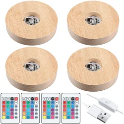 3.94 Inch Wooden Light Stand Base Colorful LED Lights Display Base With Remote Control For 3D Crystal Glass Resin 4Pcs