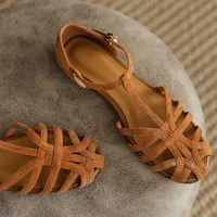 Women's natural suede leather narrow band braided t-strap flats sandals round toe casual female footwear summer shoes for women - Image 4