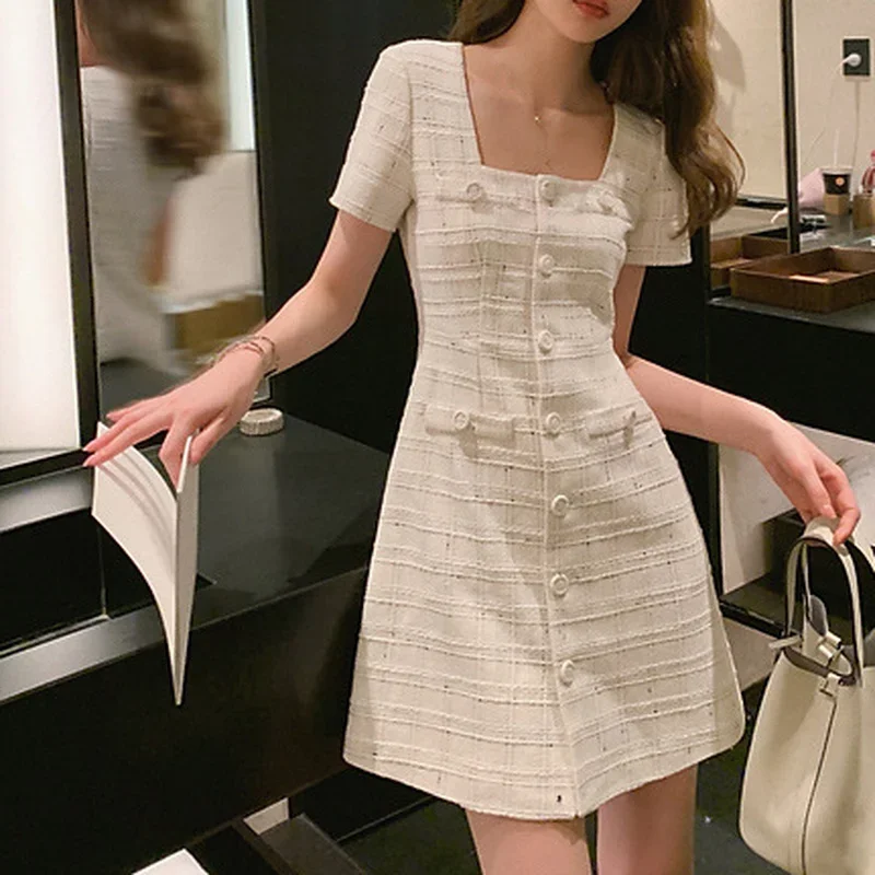 

Women French Elegant White Grid Tweed Dress Summer 2022 Vintage Temperament Hepburn Korean Chic Female Dresses Vestidos Mujer