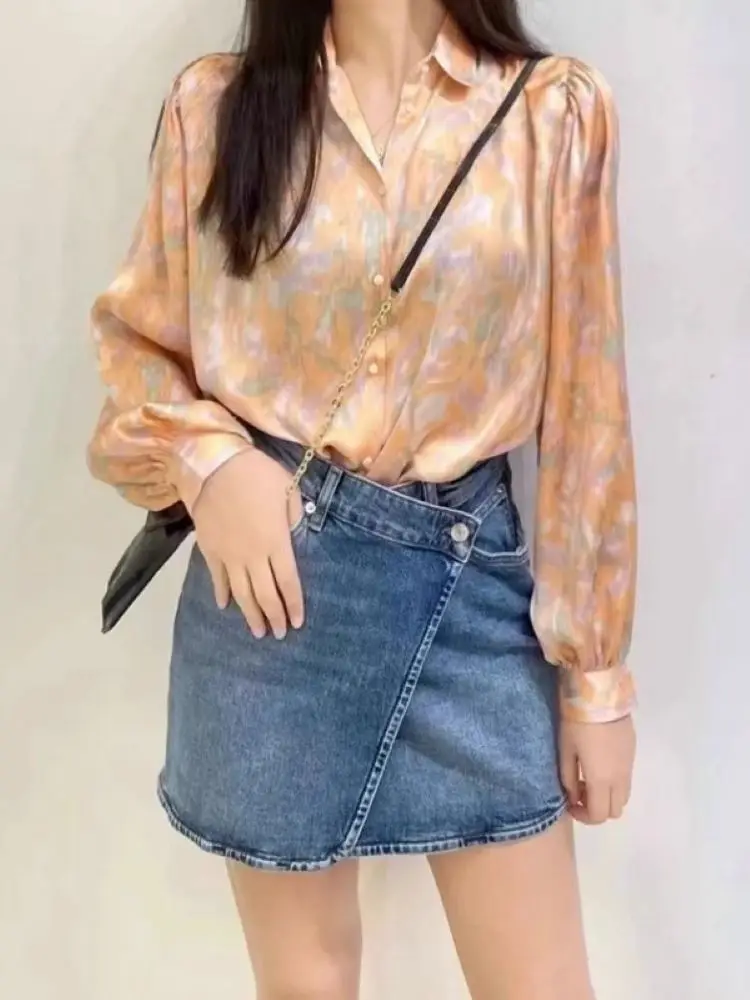 

Женская винтажная рубашка с отложным воротником, однобортная блузка с цветочным принтом и длинным рукавом, весна 2024