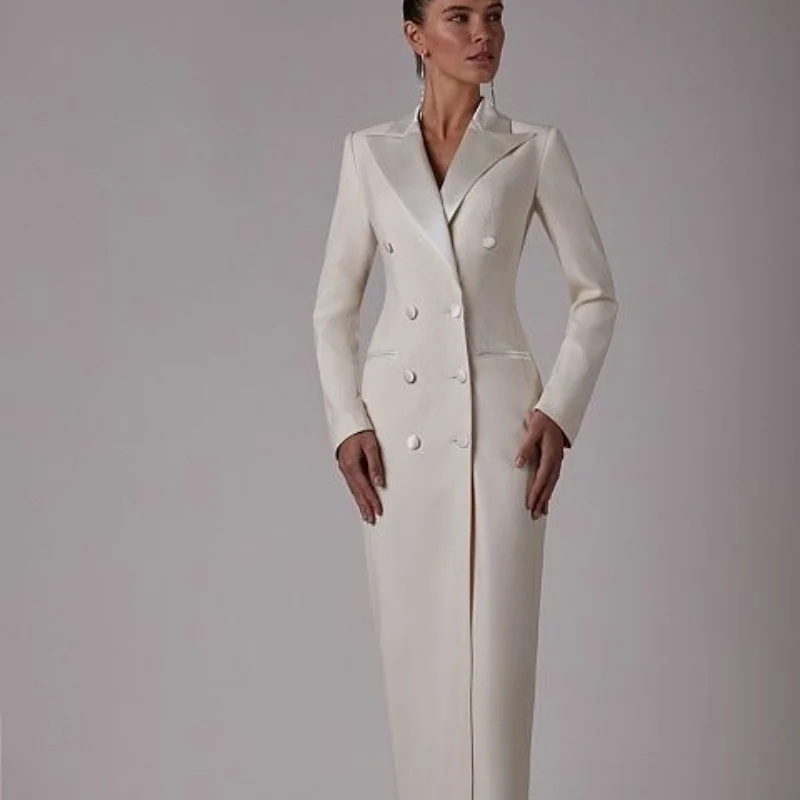 Mother Bride Dresses Women Suits Long Sleeves Satin Prom Evening Gowns Buttons Ankle Length