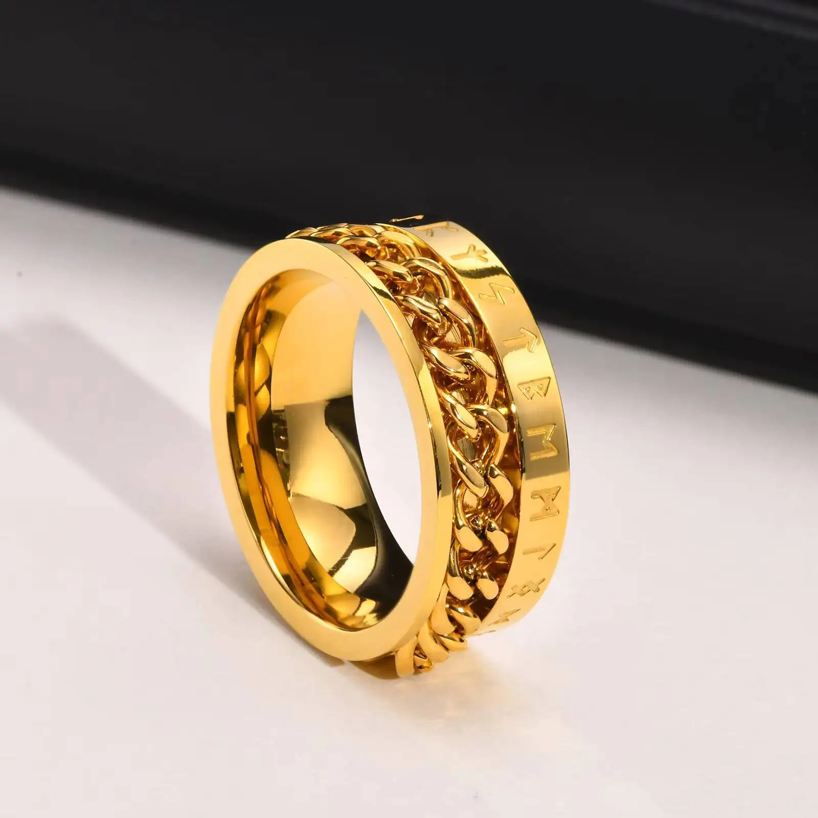 Viking Rune Chain Spinner Ring for Men,Stainless Steel Rotatable Ring,Vintage Norse Stress Relief Jewelry Gift