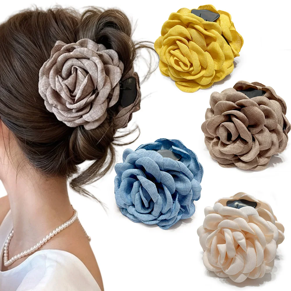 Vibrant Cotton Rose Flower Hair Claw Clips - Medium Size Shark Clamp