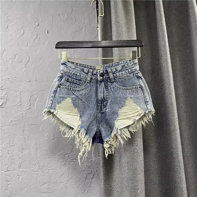 

New Summer Women's Ripped Fringed Raw-edged Jeans Female Denim Shorts High-waisted Skinny Wide-leg Shorts Pant Streetwear Q941