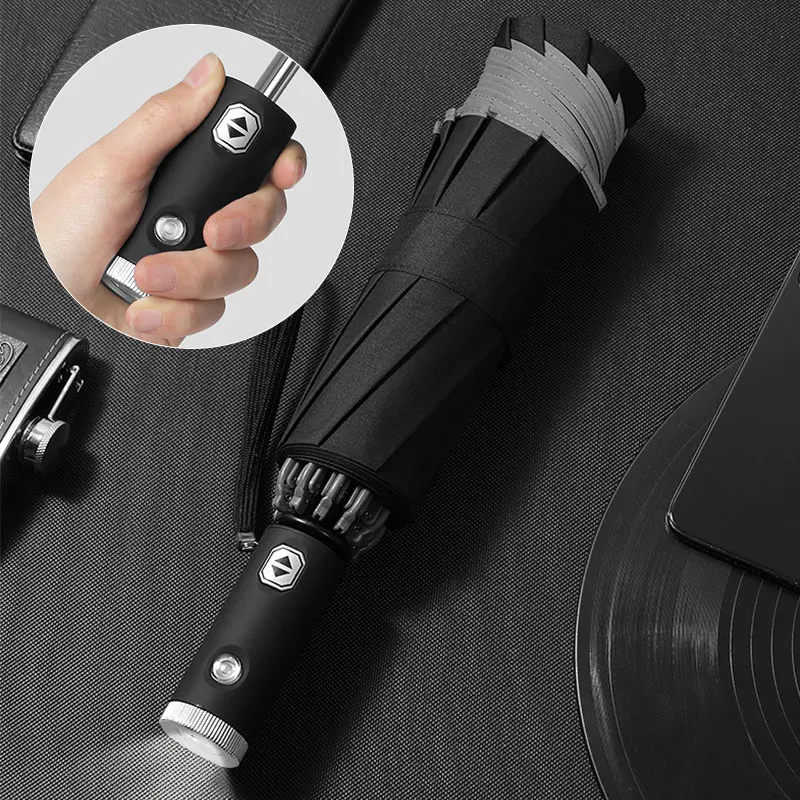Fully Automatic Reverse Umbrella Car Led Light Reflective Strip Folding Rain Or Shine Flashlight Umbrella