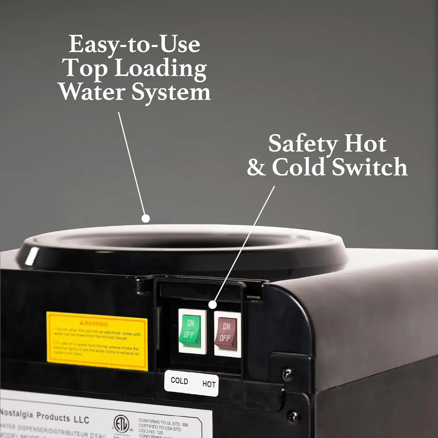 Top Loading Hot and Cold Water Dispenser - Water Cooler for 5 Gallon Bottles and 3 Gallon Bottles - Includes Child Safety Lock - 4