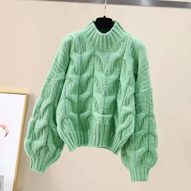 Autumn and Winter New Women's Clothing Round Neck Lantern Sleeves Women's Seven-quarter Sleeves Sweater Pullover Casual Top