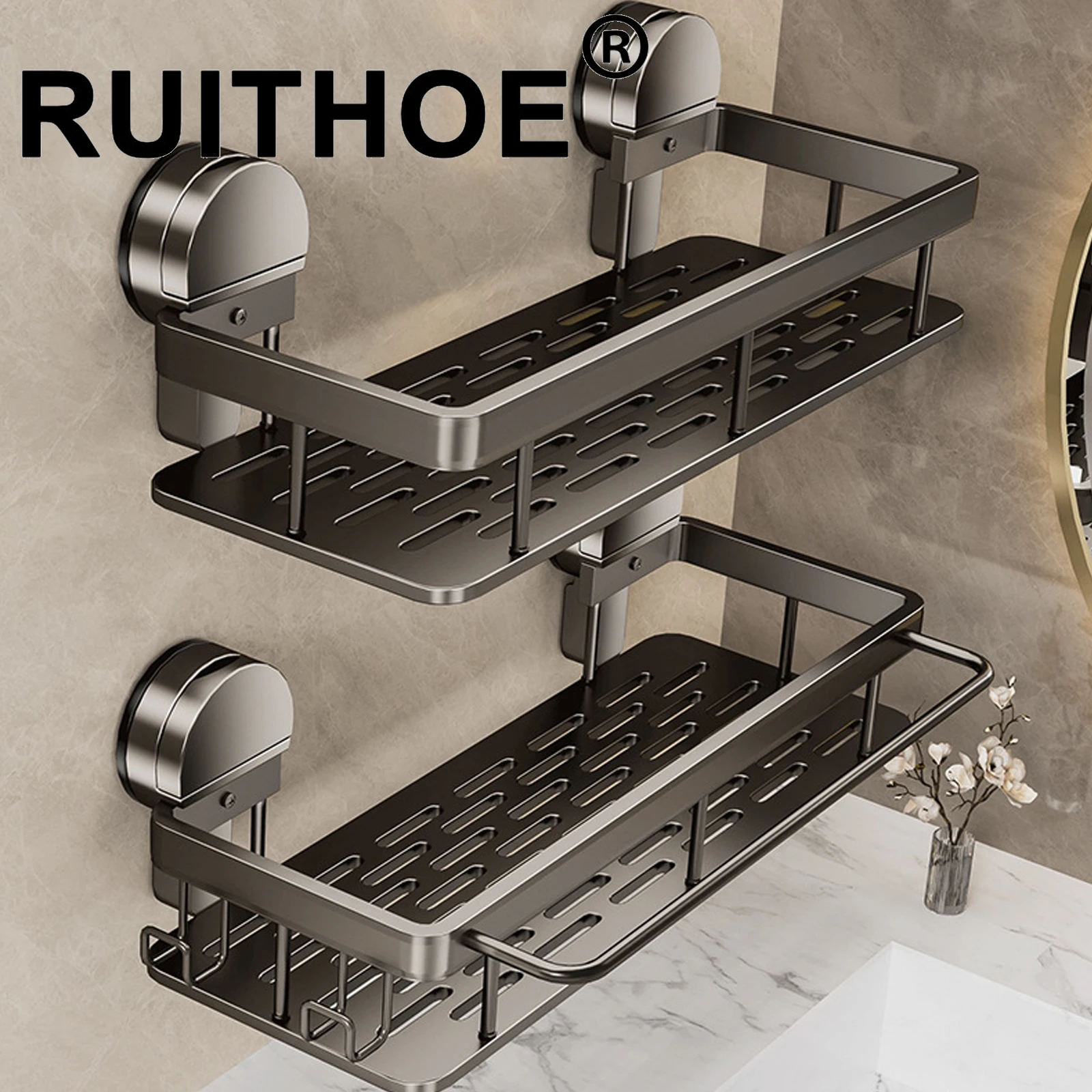 ห้องน้ําถ้วยดูดชั้นเก็บโดยไม่ต้องเจาะห้องครัวห้องน้ําห้องอาบน้ําแชมพูผู้ถือ Wall Mount Organizer ห้องน้ํา 1