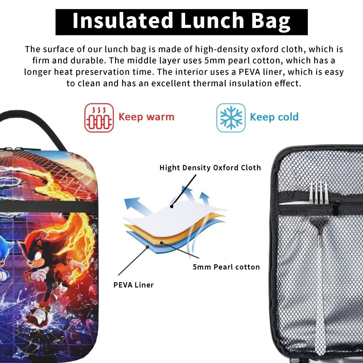 S-SonicS Insulated Lunch Bags Storage Food BoxThe Hed gehog Portable Shadows Thermal Cooler Bento Box For School Office 6
