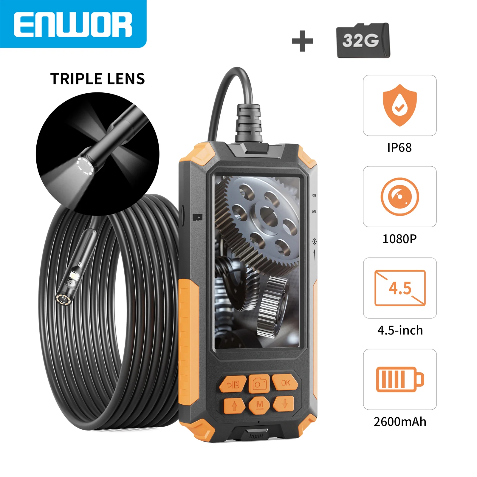 Enwor Triple Lens Endoscope 4.5 Inch Ips Screen 1080p Hd Ip68 Waterproof Camera Inspection