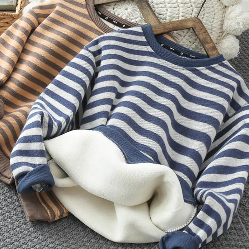Kids Sweater Boys Fleece-lined sweater Stripe Thickening warm Bottoming shirt Long-sleeved top