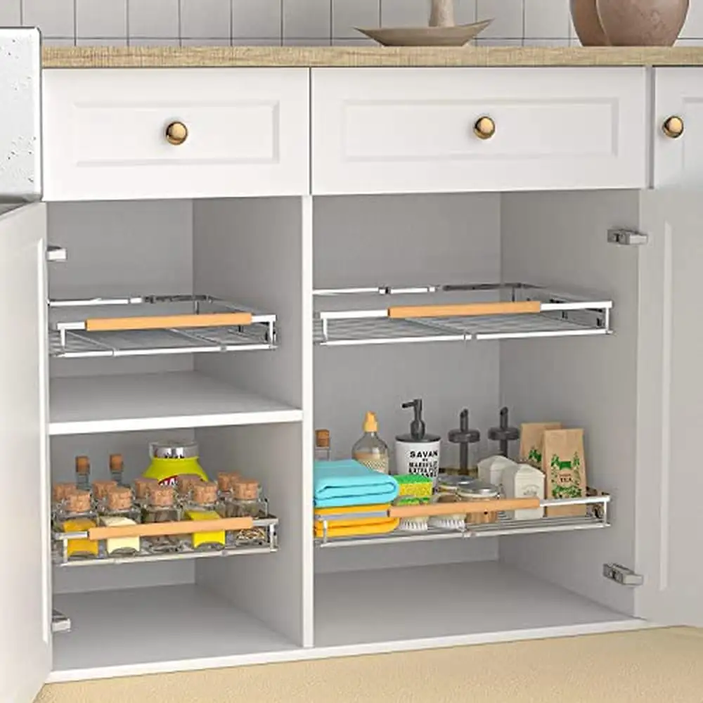 Sliding Basket Pull-Out Cabinet Organizer Set Heavy Duty Pantry Storage Shelves Kitchen Under Sink Expandable Stainless Steel