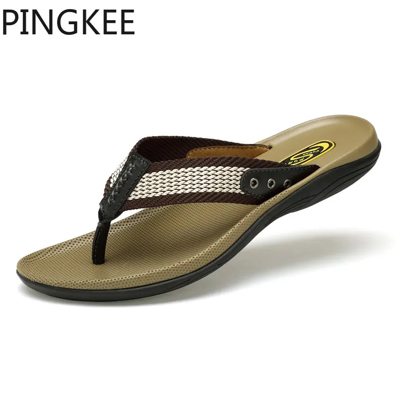 

PINGKEE Leather Upper Traction Layered Crafted Stitching Webbing Toe Post Water-safe Beach Flip Flops Genuine Summer Men Shoes