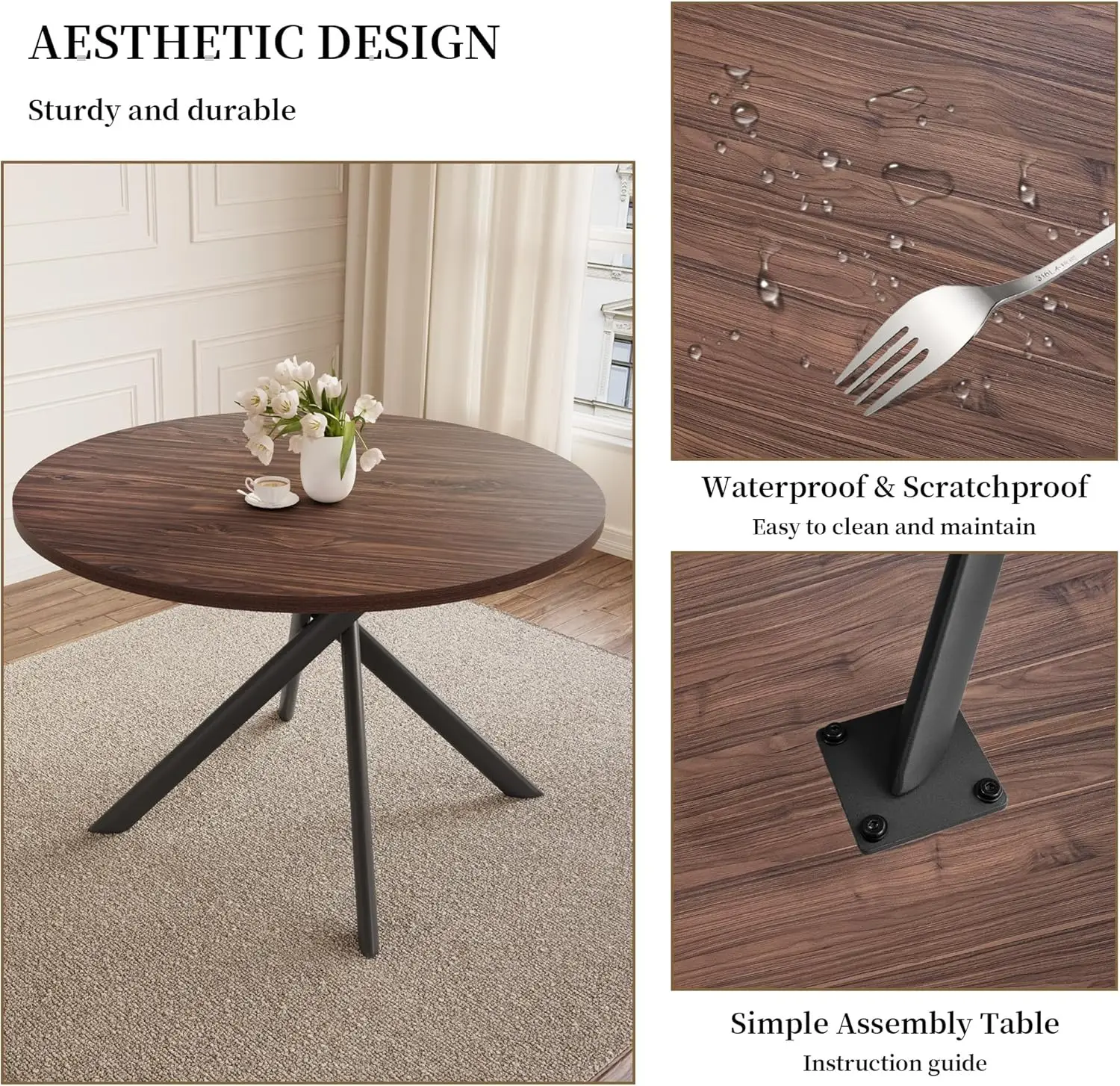 45.3 Inch Round Dining Table Set for 4, Mid Century Modern Small Coffee Set for Dining Room Kitchen Apartment