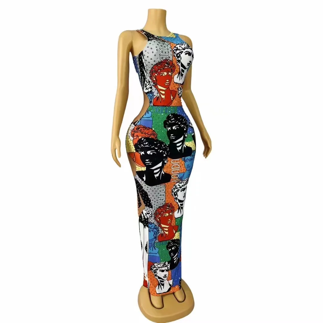 Sexy Cute Colorful Rhinestones Spandex Stretch Celebrate Face Pattern Dress Outfit Party Singer Collection Birthday Costume
