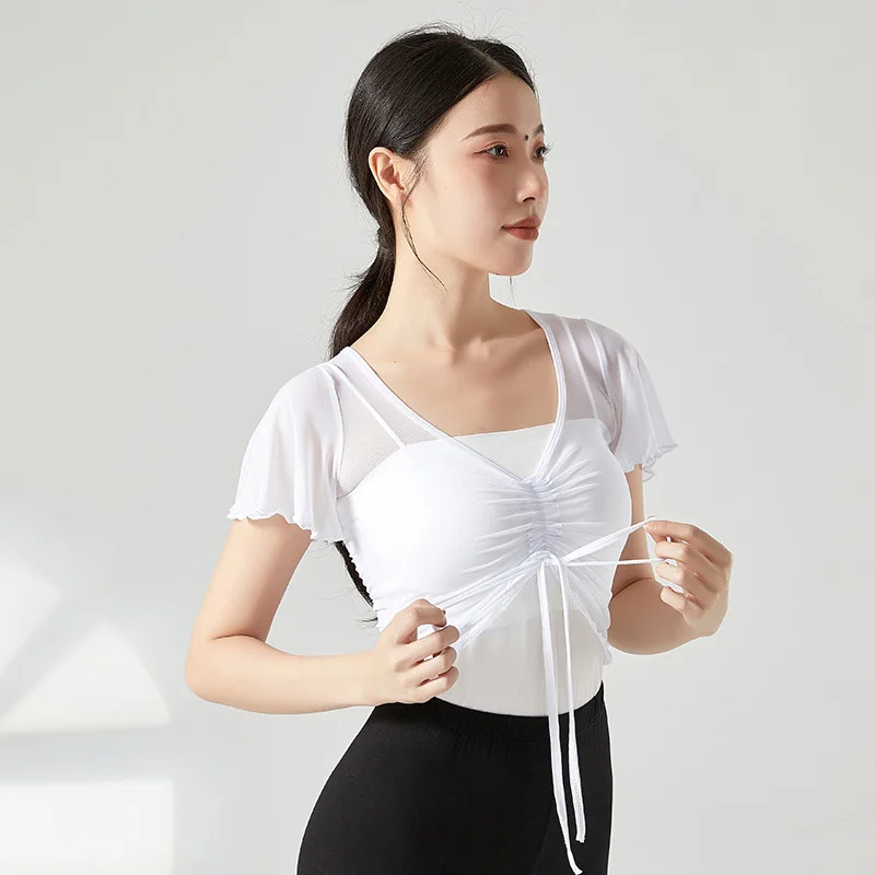 Costume da danza classica per donna, abito sari a maniche corte con volant, coulisse, garza, maglia, performance, abiti da allenamento per balletto - immagine 5