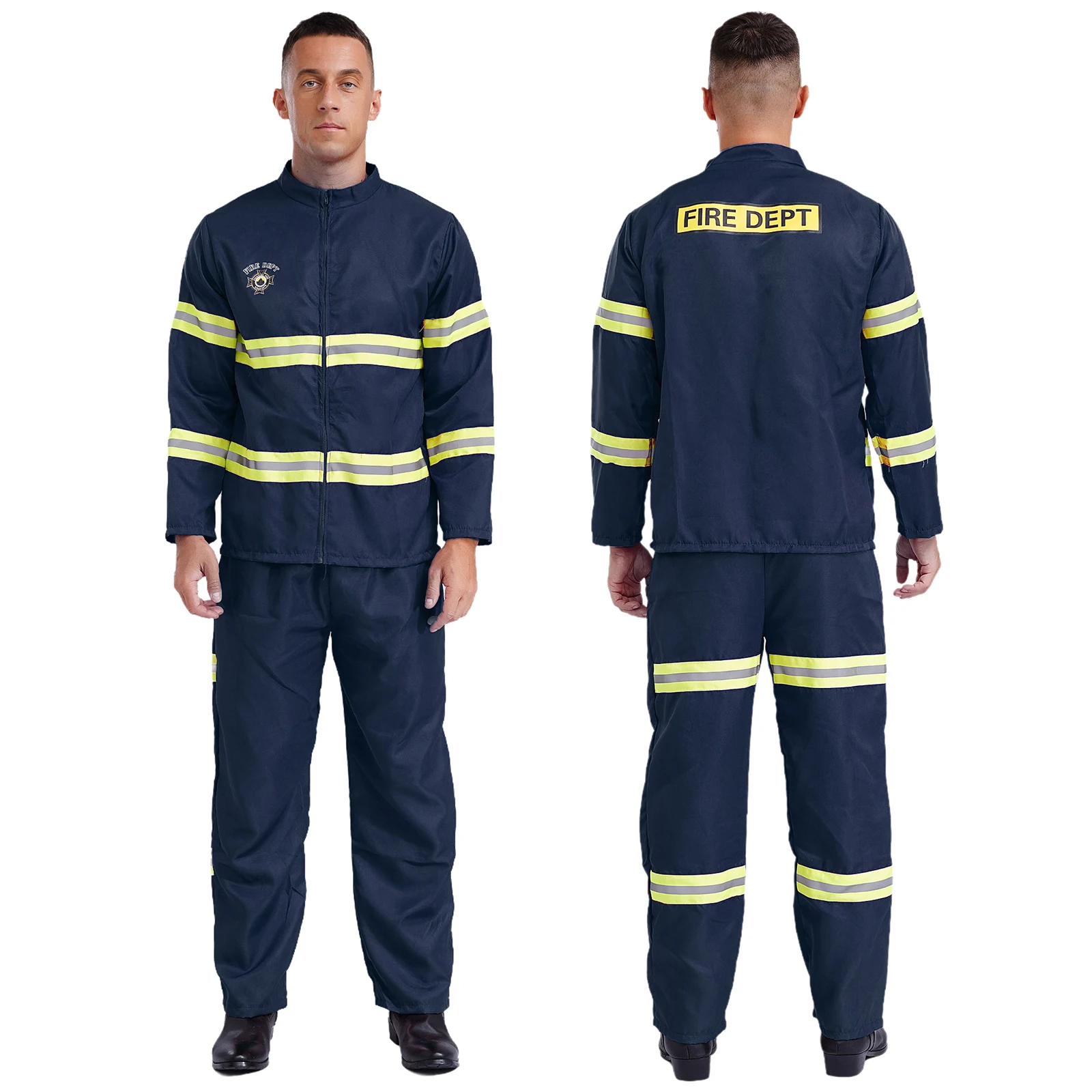 Men Fireman Halloween Cosplay Costume Buster Short Sleeve Overalls Firefighter Uniform Jumpsuits with Belt Plastic Helmet