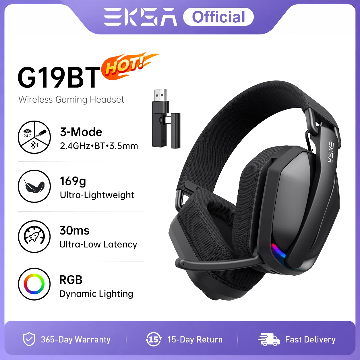 سماعات ألعاب لاسلكية EKSA G19BT بتردد 2.4 جيجاهرتز، بلوتوث 5.4، مقبس 3.5 ملم، زمن استجابة 30 مللي ثانية، مكبرات صوت 40 ملم، وقت تشغيل 35 ساعة، متوافقة مع الكمبيوتر وPS5 وXbox، قابلة للطي.