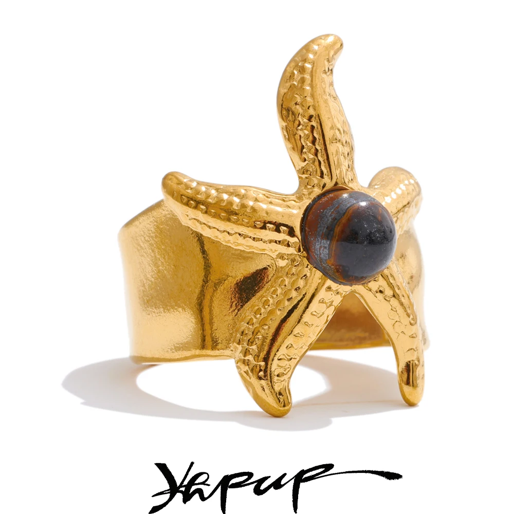 Yhpup Size 7 Ocean Style Stainless Steel Natural Tiger Stone Starfish Open Ring