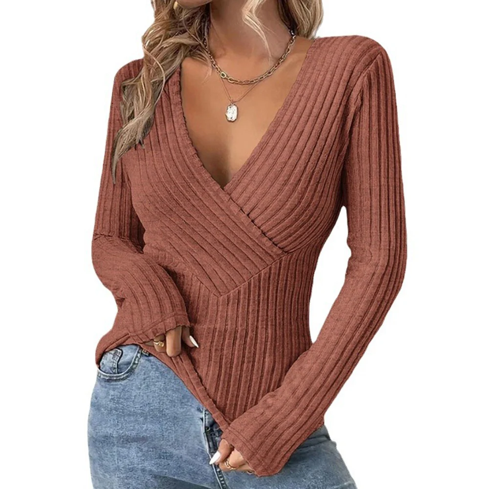 Women Long Sleeve Knitted Pullover Slim Fit V Neck Top