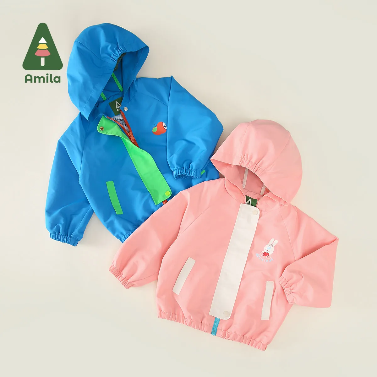 Amila Spring Girls & Boys Jacket Vibrant Outdoor Hooded Rain Stain Anti-Static Contrast Patchwork Coat