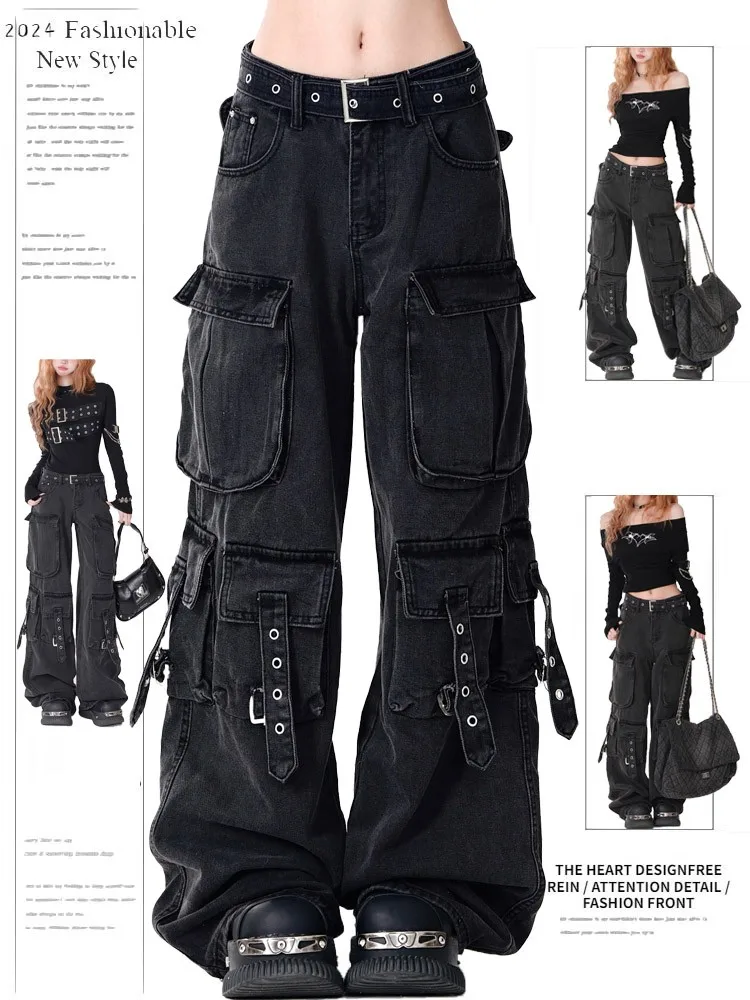 아메리칸 바이브 하이 스트리트 멀티 포켓 블랙 워크웨어 데님 팬츠 여성용 봄 가을 하이 웨이스트 스트레이트 루즈 와이드 레그 플로어 렝스 팬츠 - AliExpress