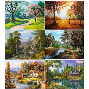 Dipingi con i numeri: Paesaggio con albero, pittura a olio fai da te, decorazione per la casa, disegno su tela dipinto a mano, regalo