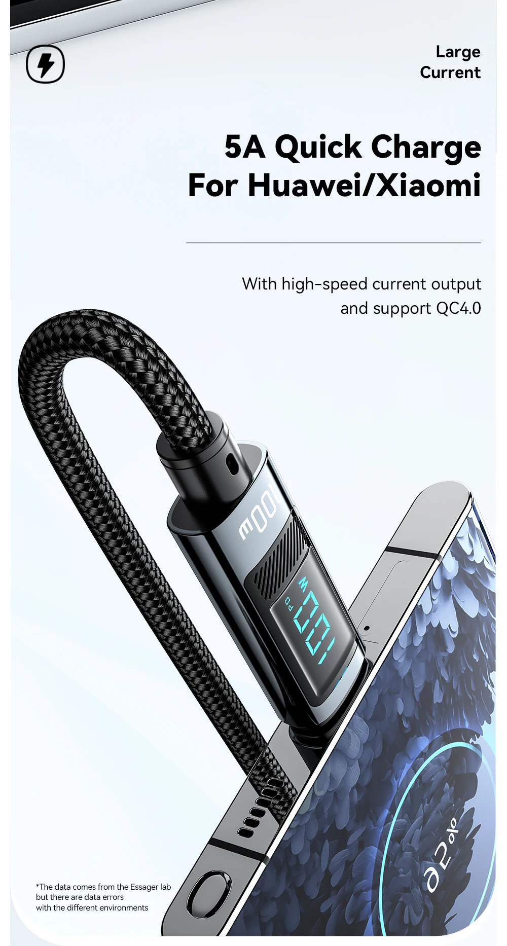 100W USB Type C Cable 90 ° LED Digital Display Cable 5A PD Fast Charging For iPh