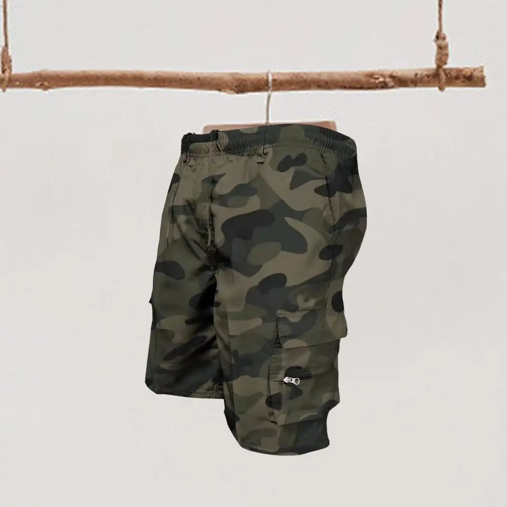 

Mid-rise Drawstring Shorts Men's Drawstring Cargo Shorts with Multi Zipper Pockets Solid Color Camouflage Print for Daily