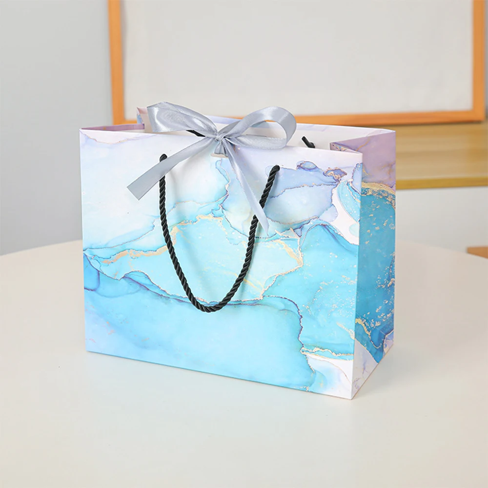 10pcs Sky Blue Marble Tote Bag Clothing Store Gift Bag Beauty Shop Cosmetic Shopping Bag With Gold Silver Ribbon Can Custom Logo